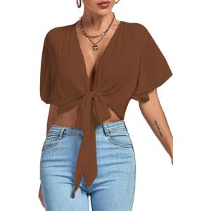 imageLYANER Womens Deep V Neck Tie Front Knot Wrap Ruffle Short Sleeeve Crop Top BlouseBrown
