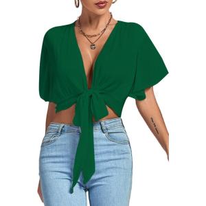 imageLYANER Womens Deep V Neck Tie Front Knot Wrap Ruffle Short Sleeeve Crop Top BlouseDark Green
