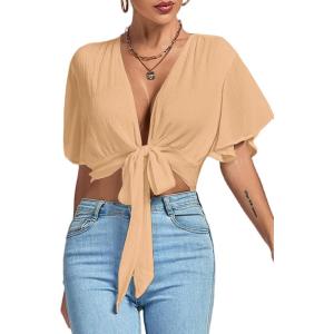 imageLYANER Womens Deep V Neck Tie Front Knot Wrap Ruffle Short Sleeeve Crop Top BlouseLight Khaki