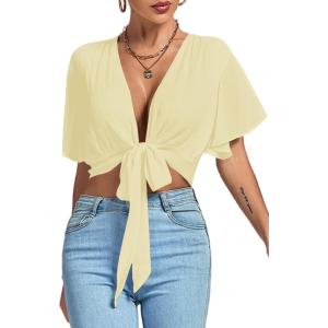 imageLYANER Womens Deep V Neck Tie Front Knot Wrap Ruffle Short Sleeeve Crop Top BlouseLight Yellow