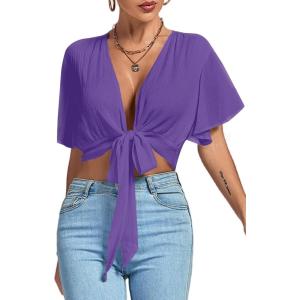 imageLYANER Womens Deep V Neck Tie Front Knot Wrap Ruffle Short Sleeeve Crop Top BlousePurple