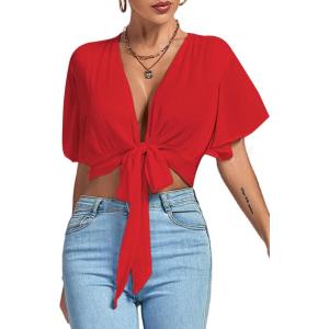 imageLYANER Womens Deep V Neck Tie Front Knot Wrap Ruffle Short Sleeeve Crop Top BlouseRed