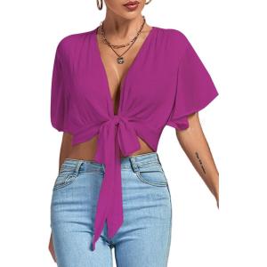 imageLYANER Womens Deep V Neck Tie Front Knot Wrap Ruffle Short Sleeeve Crop Top BlouseRose