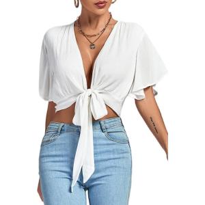 imageLYANER Womens Deep V Neck Tie Front Knot Wrap Ruffle Short Sleeeve Crop Top BlouseSolid White