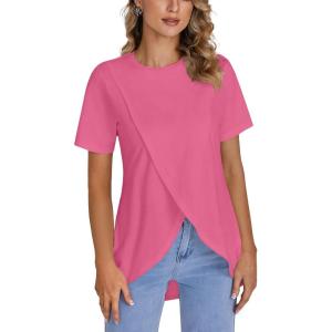 imageLYANER Womens Round Neck High Low Wrap Front Split Hem Short Sleeve TShirt Blouse TopBright Pink