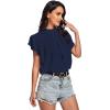 imageLYANER Womens Casual Mock Neck Basic Pleated Wrap Short Sleeve Curved Keyhole Back Blouse Shirt TopNavy Blue