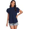 imageLYANER Womens Casual Mock Neck Basic Pleated Wrap Short Sleeve Curved Keyhole Back Blouse Shirt TopNavy Blue