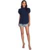 imageLYANER Womens Casual Mock Neck Basic Pleated Wrap Short Sleeve Curved Keyhole Back Blouse Shirt TopNavy Blue