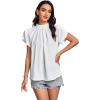 imageLYANER Womens Casual Mock Neck Basic Pleated Wrap Short Sleeve Curved Keyhole Back Blouse Shirt TopWhite