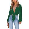 imageLYANER Womens Deep V Neck Tie Front Knot Long Sleeve Sexy Wrap Crop Top Blouse Dark Green XSmall