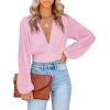 imageLYANER Womens Deep V Neck Tie Front Knot Long Sleeve Sexy Wrap Crop Top Blouse Pink Large
