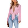 imageLYANER Womens Deep V Neck Tie Front Knot Long Sleeve Sexy Wrap Crop Top Blouse Pink Large