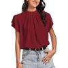 imageLYANER Womens Casual Mock Neck Basic Pleated Wrap Short Sleeve Curved Keyhole Back Blouse Shirt TopBurgundy