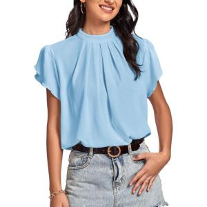 imageLYANER Womens Casual Mock Neck Basic Pleated Wrap Short Sleeve Curved Keyhole Back Blouse Shirt TopAzure