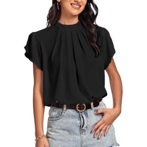 imageLYANER Womens Casual Mock Neck Basic Pleated Wrap Short Sleeve Curved Keyhole Back Blouse Shirt TopBlack