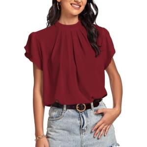 imageLYANER Womens Casual Mock Neck Basic Pleated Wrap Short Sleeve Curved Keyhole Back Blouse Shirt TopBurgundy