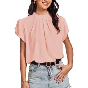 imageLYANER Womens Casual Mock Neck Basic Pleated Wrap Short Sleeve Curved Keyhole Back Blouse Shirt TopLight Pink