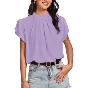 imageLYANER Womens Casual Mock Neck Basic Pleated Wrap Short Sleeve Curved Keyhole Back Blouse Shirt TopLight Purple
