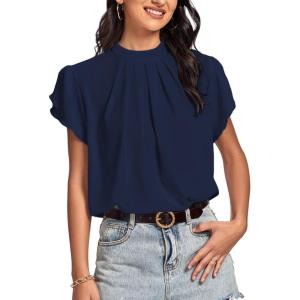 imageLYANER Womens Casual Mock Neck Basic Pleated Wrap Short Sleeve Curved Keyhole Back Blouse Shirt TopNavy Blue