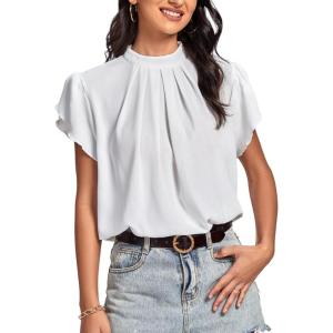 imageLYANER Womens Casual Mock Neck Basic Pleated Wrap Short Sleeve Curved Keyhole Back Blouse Shirt TopWhite
