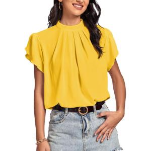 imageLYANER Womens Casual Mock Neck Basic Pleated Wrap Short Sleeve Curved Keyhole Back Blouse Shirt TopYellow