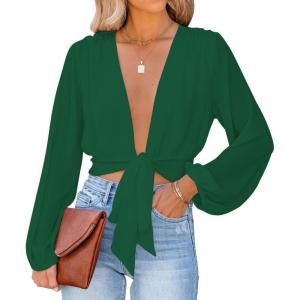 imageLYANER Womens Deep V Neck Tie Front Knot Long Sleeve Sexy Wrap Crop Top Blouse Dark Green XSmall