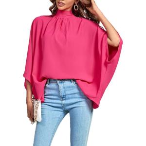 imageLYANER Womens Mock Neck Pleated Batwing Sleeve Drape Tie Back Blouse Shirt TopRose
