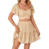 imageLYANER Womens 2 Piece Outfits Sweetheart Neck Tie Knot Back Crop Top and Mini Skirt SetBeige