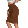 imageLYANER Womens Rib Knit Ruched Elastic Waist Ruffle Hem Mermaid Fishtail Bodycon Midi SkirtBrown