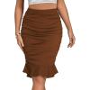 imageLYANER Womens Rib Knit Ruched Elastic Waist Ruffle Hem Mermaid Fishtail Bodycon Midi SkirtBrown