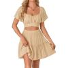 imageLYANER Womens 2 Piece Outfits Sweetheart Neck Tie Knot Back Crop Top and Mini Skirt SetBeige
