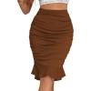 imageLYANER Womens Rib Knit Ruched Elastic Waist Ruffle Hem Mermaid Fishtail Bodycon Midi SkirtBrown