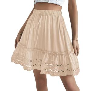 imageLYANER Womens Elastic Waist Self Tie Pullover Scallop Hem Pleated Casual Mini SkirtBeige