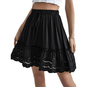 imageLYANER Womens Elastic Waist Self Tie Pullover Scallop Hem Pleated Casual Mini SkirtBlack
