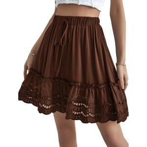 imageLYANER Womens Elastic Waist Self Tie Pullover Scallop Hem Pleated Casual Mini SkirtDark Brown