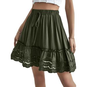 imageLYANER Womens Elastic Waist Self Tie Pullover Scallop Hem Pleated Casual Mini SkirtDeep Green