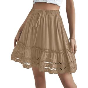 imageLYANER Womens Elastic Waist Self Tie Pullover Scallop Hem Pleated Casual Mini SkirtKhaki