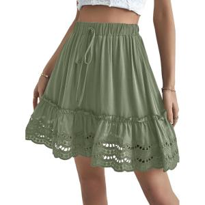 imageLYANER Womens Elastic Waist Self Tie Pullover Scallop Hem Pleated Casual Mini SkirtLight Green