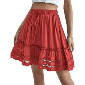 imageLYANER Womens Elastic Waist Self Tie Pullover Scallop Hem Pleated Casual Mini SkirtRed