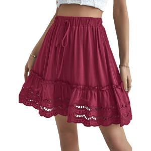 imageLYANER Womens Elastic Waist Self Tie Pullover Scallop Hem Pleated Casual Mini SkirtRose Red