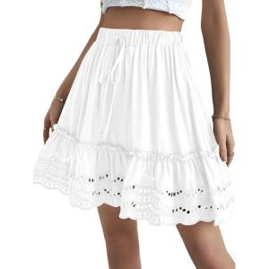 imageLYANER Womens Elastic Waist Self Tie Pullover Scallop Hem Pleated Casual Mini SkirtWhite