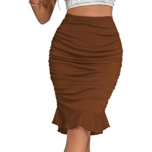 imageLYANER Womens Rib Knit Ruched Elastic Waist Ruffle Hem Mermaid Fishtail Bodycon Midi SkirtBrown