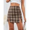 imageLYANER Womens Cute Split Front Plaid High Waist Zip Up Mini Bodycon SkirtBrown