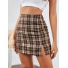 imageLYANER Womens Cute Split Front Plaid High Waist Zip Up Mini Bodycon SkirtBrown