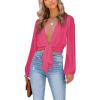 imageLYANER Womens Deep V Neck Tie Front Knot Long Sleeve Sexy Wrap Crop Top Blouse Rose Small