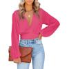 imageLYANER Womens Deep V Neck Tie Front Knot Long Sleeve Sexy Wrap Crop Top Blouse Rose Small