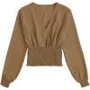 imageLYANER Womens V Neck Shirred Polka Dots Long Sleeve Frill Crop Blouse Shirt TopsDark Khaki