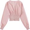 imageLYANER Womens V Neck Shirred Polka Dots Long Sleeve Frill Crop Blouse Shirt TopsSolid Baby Pink