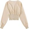 imageLYANER Womens V Neck Shirred Polka Dots Long Sleeve Frill Crop Blouse Shirt TopsSolid Beige