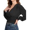 imageLYANER Womens V Neck Shirred Polka Dots Long Sleeve Frill Crop Blouse Shirt TopsSolid Black